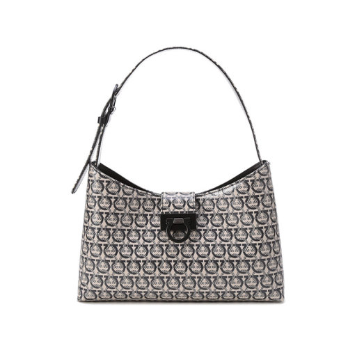 Salvatore Ferragamo/菲拉格慕 【22年新款】 女士Trifolio系列織物/牛皮革(表面覆有涂層)手提單肩包腋下包Gancini老花圖案 1380