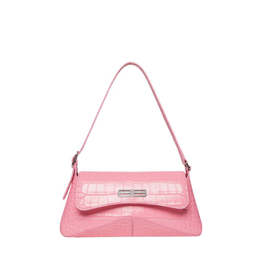 Balenciaga/巴黎世家 22春夏新款XX系列 女士小號(hào)粉色亮面牛皮革鱷魚紋壓花銀扣翻蓋腋下單肩包 6956452108Y5812