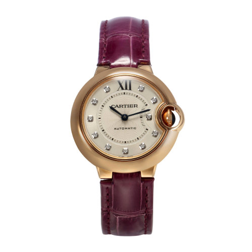 CARTIER/卡地亞 藍(lán)氣球系列鑲鉆款18K金玫瑰金表殼紫色鱷魚皮表帶女士自動機械腕表 33毫米