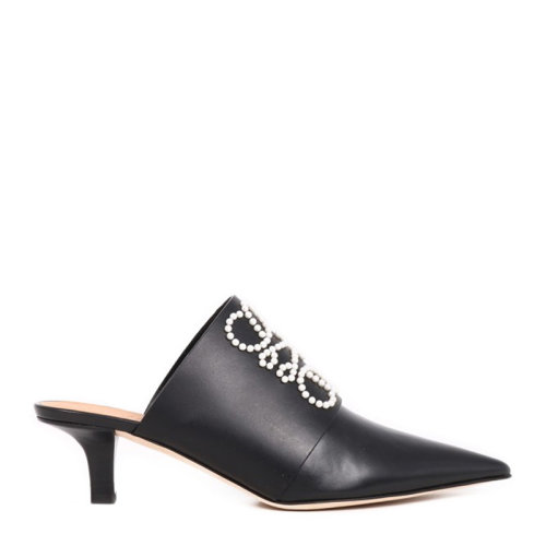 LOEWE 羅意威 女士 服裝  黑色細(xì)跟尖頭珍珠裝飾包腳牛皮高跟拖鞋 女士涼拖