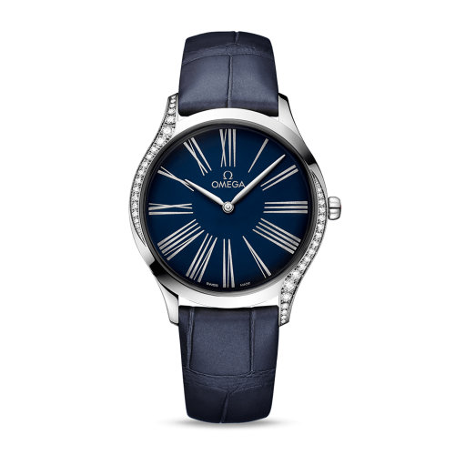 OMEGA/歐米茄 碟飛系列 名典 精鋼 表殼鑲鉆 皮質(zhì)表帶 石英機(jī)芯 女士腕表 428.18.36.60.03.001