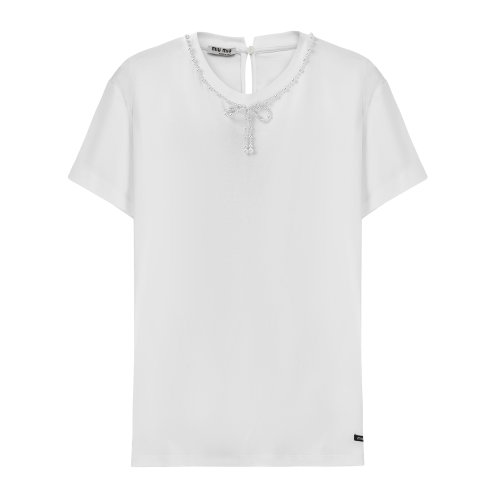 MiuMiu/繆繆 白色 女士蝴蝶結(jié)裝飾短袖T恤 MJN175_1V0F_F0009