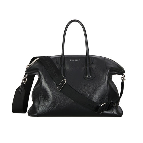 Givenchy/紀(jì)梵希 22新款 Antigona Sport系列 女士小號(hào)黑色小牛皮拉鏈開合銀色壓花字母標(biāo)志提花帆布拆卸寬肩帶銀色飾面金屬單肩斜挎手提包BB50MZB1LD-001