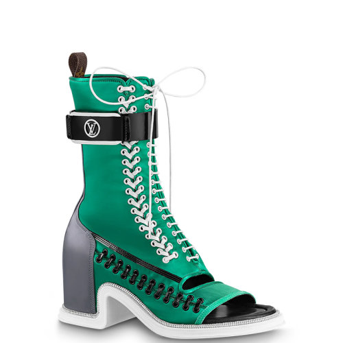 Louis Vuitton/路易威登 22年春夏新款 MOONLIGHT系列 女士綠色絲緞粗跟露趾半筒靴中筒靴1AA0L7