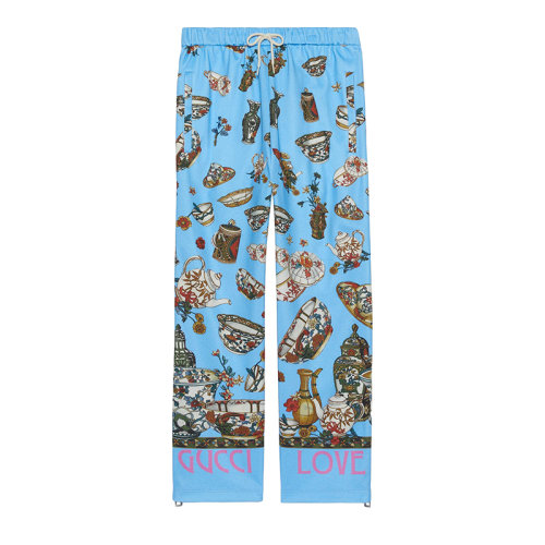 GUCCI/古馳 22年秋冬新款 Lovelight系列 男士藍色粘膠纖維面料茶具印花慢跑長褲運動褲706909XJERV4020