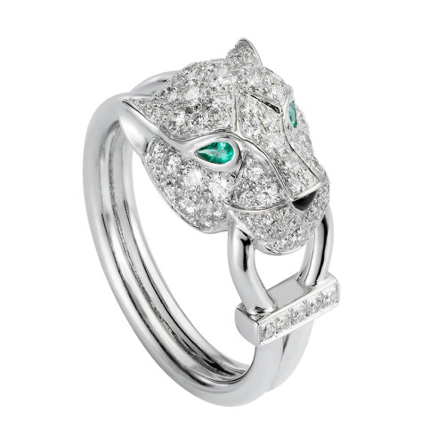 CARTIER/卡地亞 Panthère 系列 18K金白金鉆石祖母綠瑪瑙戒指 鑲嵌81顆明亮式切割鉆石N4244700