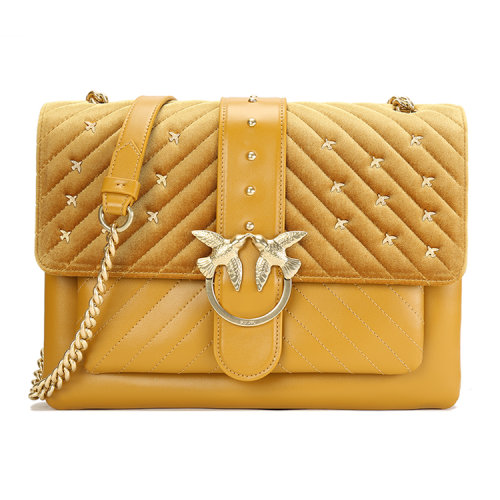 PINKO 黃棕色皮革拼接絲絨 金色圓環(huán)雙飛燕 女士 單肩包 1P217QY514 ZZO