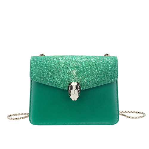 BVLGARI/寶格麗 SERPENTI FOREVER系列 綠色和翠綠色小牛皮配以標(biāo)志性蛇頭搭扣小號翻蓋斜挎單肩包 37035