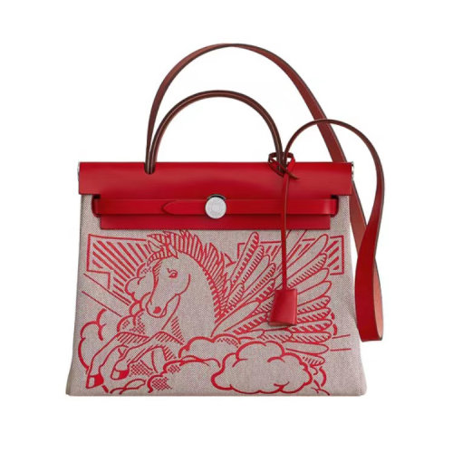 【主推】HERMES/愛馬仕 Herbag 31 飛馬 紅色牛皮拼帆布 手提包斜挎包（配HERMES禮品盒）