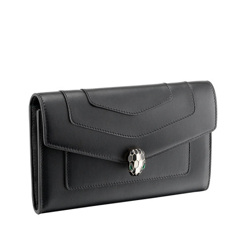 BVLGARI/寶格麗  SERPENTI FOREVER系列 女士大號黑色柔軟小牛皮金色黃銅和黑色琺瑯蛇頭扣錢包290836