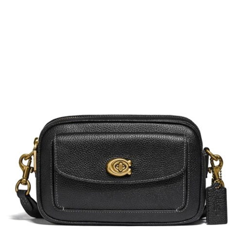 COACH/蔻馳 WILLOW系列小號(hào)女士黑色牛皮經(jīng)典C字母徽標(biāo)裝飾拉鏈開合單肩包斜挎包相機(jī)包女包 C0823B4BK