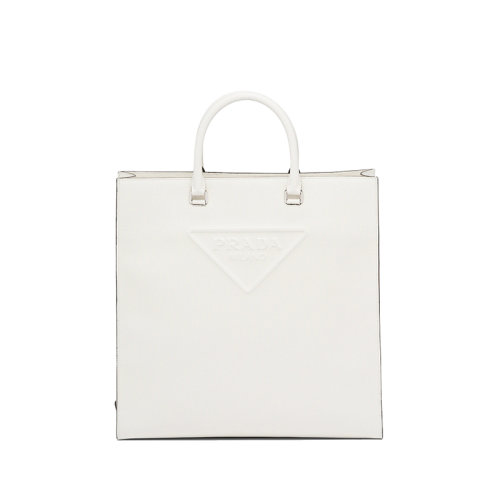 PRADA/普拉達(dá) 22年新款 男士白色皮革壓花徽標(biāo)提手可拆卸刺繡織帶肩帶托特包2VG084_2FAD_F0009_V_DOO