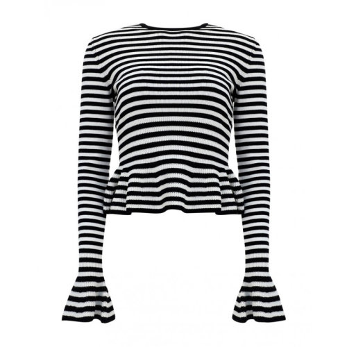 MaxMara/麥絲瑪拉 女士黑白相間棉質(zhì)收腰條紋喇叭袖長(zhǎng)袖T恤上裝女裝