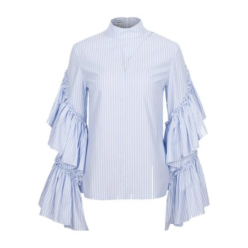 【Designer Womenwear】Chris by Christopher Bu/卜柯文 18秋冬 女士長袖襯衫 條紋花邊袖襯衣