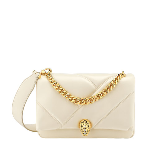 BVLGARI/寶格麗 SERPENTI CABOCHON系列 女士小號白色絎縫小牛皮粉色珍珠母貝鱗片蛇頭扣單肩斜挎包291089