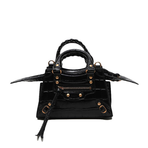 Balenciaga/巴黎世家 Neo Classic City系列女士黑色鱷魚紋小牛皮鉚釘元素拉鏈開(kāi)合單肩包斜挎包手提包梯形包女包 638527-1ROD1-1000