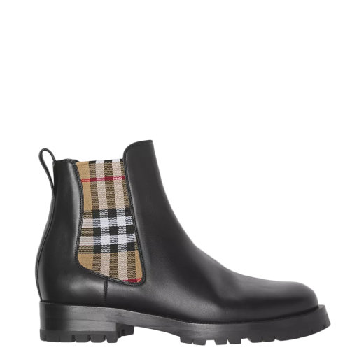 BURBERRY/博柏利 22年早春新款 女士黑色小牛皮混紡Vintage格紋裝飾切爾西靴80423631
