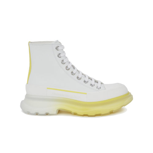 Alexander McQueen/亞歷山大麥昆 22年秋冬新款 Tread Slick系列 女士白色/地衣黃色皮革斑紋系帶踝靴高幫運(yùn)動(dòng)鞋702041WHZ6E8943