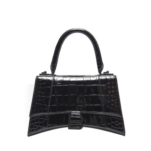 Balenciaga/巴黎世家 20Hourglass 女士迷你黑色鱷魚(yú)壓紋亮面小牛皮單肩手提包沙漏包 5928331LR671000