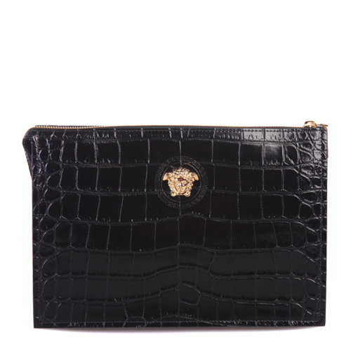 VERSACE/范思哲 男士黑色鱷魚紋牛皮美杜莎頭像裝飾拉鏈開合錢包卡包手包腕包手拿包男包 DP87631-DCOV5-D41OH