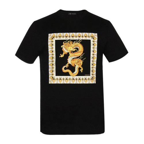 VERSACE 范思哲 男士 服裝  黑色圓領龍圖案棉質(zhì)T恤 男士短袖T恤