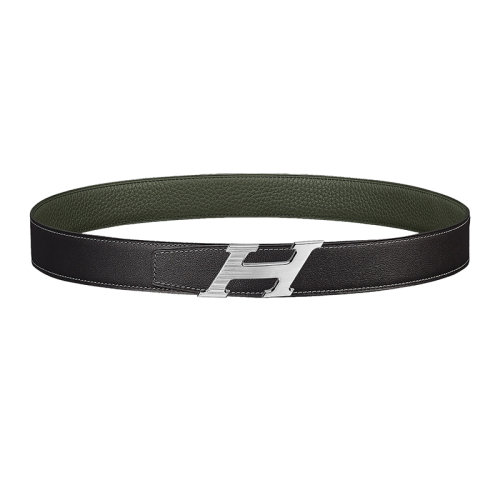 HERMES/愛馬仕 H系列 黑色/墨綠色荔枝紋小牛皮 男士雙面銀扣皮帶32毫米 H081085CB86/H073967CAAZ080