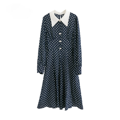 GeleiStory/GeleiStory 夏季新款白色尖領(lǐng)水鉆扣藍(lán)白波點(diǎn)修身真絲氣質(zhì)連衣裙女 女士裙裝＞女士連衣裙