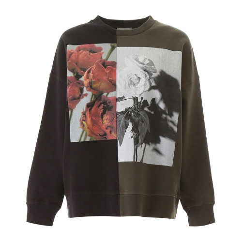 Alexander McQueen/亞歷山大麥昆 女士黑綠拼色棉質(zhì)不對(duì)稱玫瑰印花圓領(lǐng)長(zhǎng)袖衛(wèi)衣 610875-QZAAW-0519