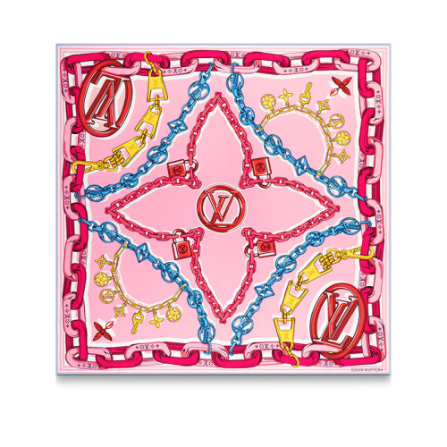Louis Vuitton/路易威登 22年秋冬新款 BEJEWELED 90系列 女士粉色桑蠶絲鏈帶鎖扣印花方巾絲巾M77656