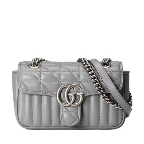 GUCCI/古馳 GG Marmont系列 女士迷你灰色絎縫皮革復(fù)古銀飾雙G翻蓋斜挎單肩鏈條包446744UM8AN1711