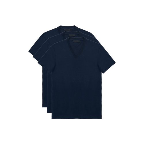 PRADA/普拉達(dá) 22年春夏新款 男士藍(lán)色純棉三角徽標(biāo)短袖T恤三件套UJM493_ILK_F0124_S_181