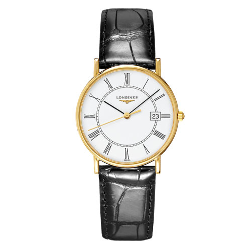 LONGINES/浪琴  時(shí)尚系列 石英表白盤(pán)羅馬數(shù)字18K金表殼皮質(zhì)表帶男表33.5毫米L4.743.6.11.0