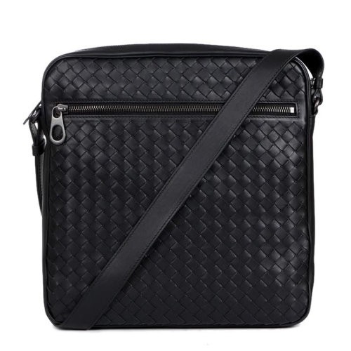 Bottega Veneta/葆蝶家 男士黑色小羊皮編織款拉鏈開合單肩包斜挎包郵差包男包 443872-V4651-1000
