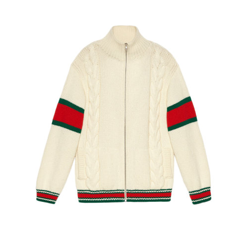 GUCCI/古馳  男士白色絞花編織羊毛拉鏈毛衫 599311XKA329133