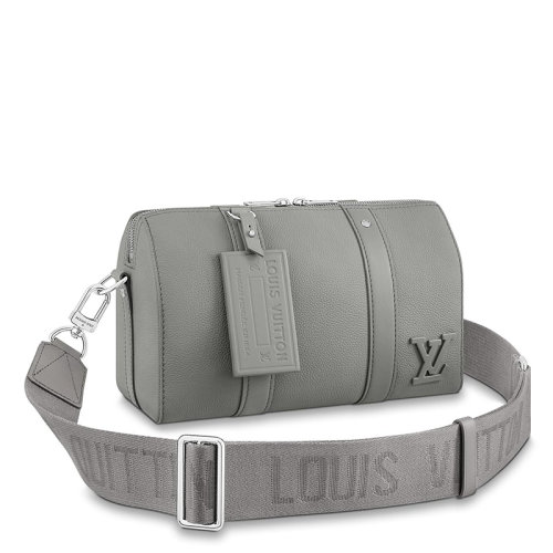 Louis Vuitton/路易威登 22春夏新款CITY KEEPALL系列 男士灰色牛皮革徽標標識吊飾銀扣配可拆卸肩帶單肩斜挎包M59328