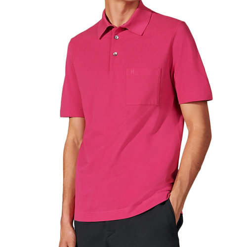 HERMES/愛馬仕 22年春夏新款 男士亮粉色純棉H刺繡短袖polo衫H072325HA53LA