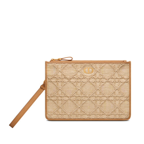 DIOR/迪奧 22春夏新款CARO DAILY系列 女士中號酒椰草藤格紋棕色皮革滾邊金扣手拿包S5089UMBE_M925