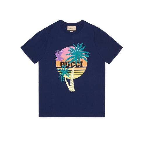  GUCCI古馳 22年秋冬 男士 飾Gucci棕櫚樹印花針織棉T恤 548334 XJEOV 4684