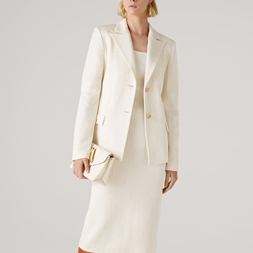 St.John/盛薔白色格紋針織無袖中長款女士連衣裙K1110T2