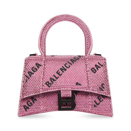 Balenciaga/巴黎世家 22秋冬新款 HOURGLASS MODEL XS系列 女士粉紅色/黑色絨面小牛皮飾有水鉆徽標(biāo)啞光黑色飾面拆卸調(diào)節(jié)肩帶肩背手提包706836210FX5860