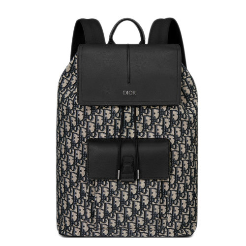 DIOR/迪奧 MOTION系列 男士米色黑色老花帆布拼黑色粒面小牛皮翻蓋抽繩雙肩包1ESBA138YKY_H27E