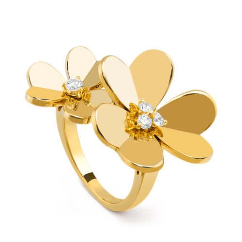 Van Cleef & Arpels/梵克雅寶 經(jīng)典Frivole系列 18k金黃金鑲鉆石2個三瓣花朵開口戒指指環(huán)VCARB67600