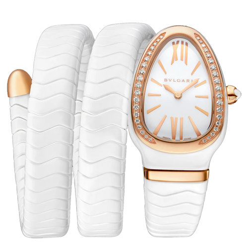 BVLGARI/寶格麗 白色陶瓷表殼鑲有鉆石的18K金玫瑰金表圈和雙螺旋表鏈 白色上漆和拋光表盤 SERPENTI SPIGA石英手表 35毫米 102886