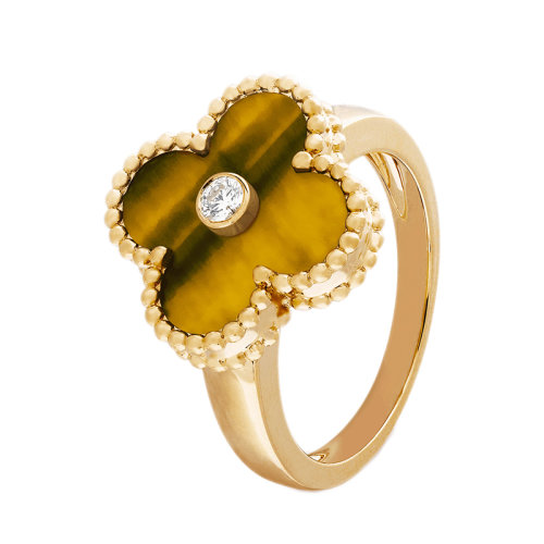Van Cleef & Arpels/梵克雅寶 經(jīng)典Vintage Alhambra系列 18k金黃金虎眼鑲鉆四葉草戒指指環(huán)VCARD40900