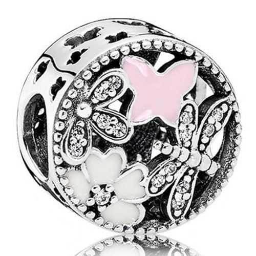 PANDORA/潘多拉 女士粉白拼色925銀+鋯石琺瑯詩花綻放DIY手鏈珠子串飾串珠 791842ENMX