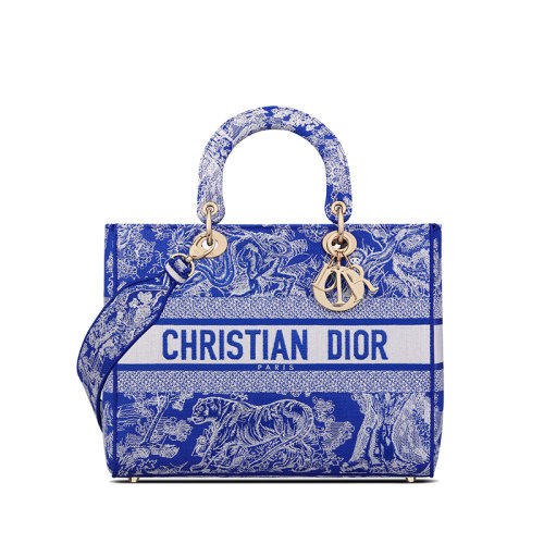 DIOR/迪奧 22新款LADY D-Lite系列 女士大號熒光藍織物茹伊印花刺繡手袋M0566OROC_M808