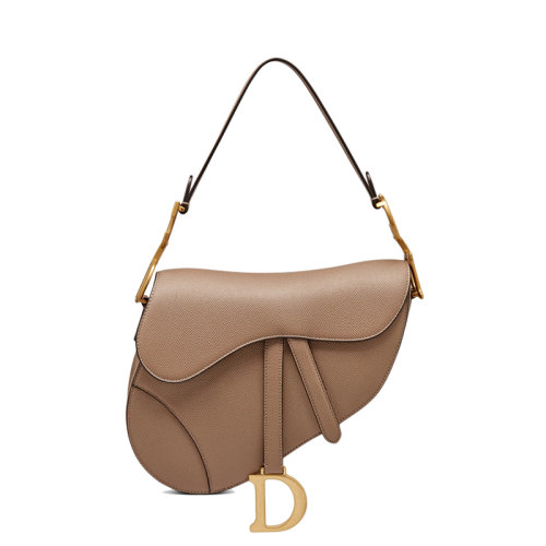 DIOR/迪奧  SADDLE系列 女士灰褐色粒面小牛皮金色D形扣裝飾翻蓋單肩手提馬鞍包M0446CBAA_M45M