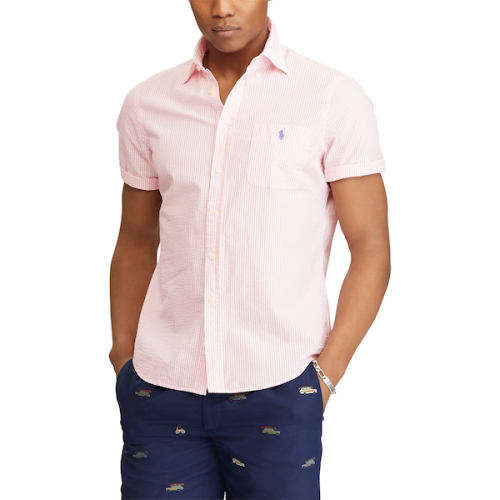 Polo Ralph Lauren/拉夫勞倫馬球 男士 時(shí)尚休閑 印小馬標(biāo)豎條紋圖案泡泡紗質(zhì)地修身短袖襯衣 428850-1