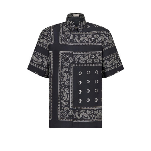 DIOR/迪奧 22年早春新款 男士海軍藍色桑蠶絲斜紋面料飾巾圖案短袖襯衫193C545A5532_C581