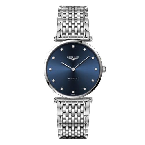 LONGINES/浪琴 嘉嵐系列 自動機械表藍盤鑲鉆鋼鏈男表36毫米L4.908.4.97.6